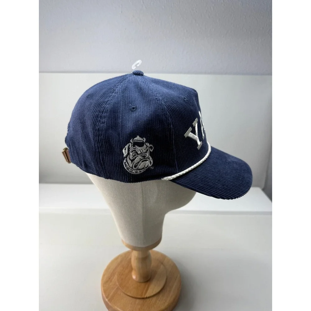 Yale University Navy‎ Blue Corduroy Rope Hat Adjustable Leather Strapback NEW